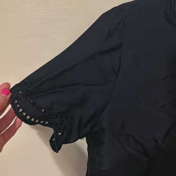 Zara Black Satin Short Sleeve Eyelet Blouse medium - Picture 2 of 5